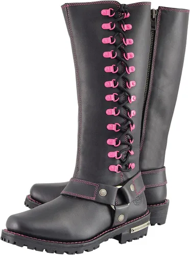 Vista 7 de Milwaukee Leather MBL9367 - Botas de cuero negras de 14 pulgadas con cordones fucsia, talla 9.5
