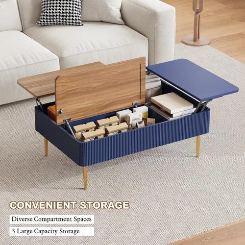 Vista 5 de HLR Mesa auxiliar de doble elevación de 47 pulgadas con almacenamiento, moderna mesa de centro de madera acanalada con compartimento oculto, mesa