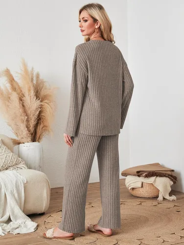 Vista 9 de Conjunto de 2 piezas para mujer, de gran tamaño, holgado, a juego, ropa de descanso de punto, ropa de dormir