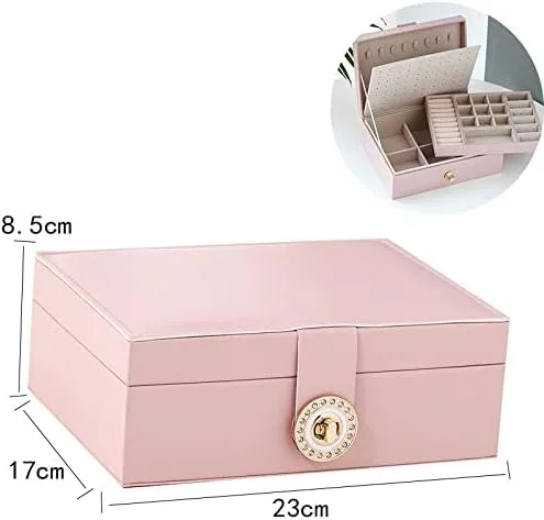 Vista 5 de ProttyLife Caja organizadora de joyas de 2 capas para mujer, organizador grande con cerradura para joyas, para aretes, anillos, collares (rosa nuevo)