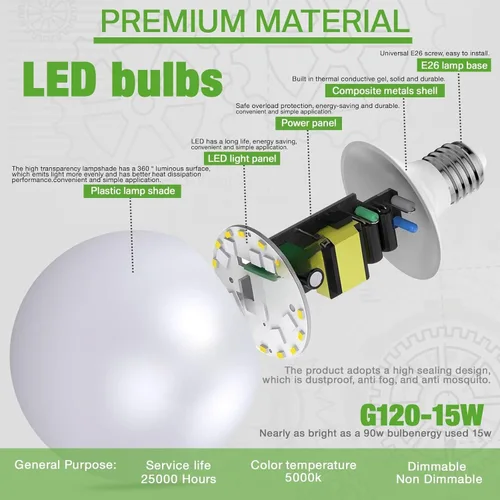 Vista 3 de Bombilla LED, bombillas globo G120, bombillas de 15 W, bombilla regulable de luz diurna de 5000 K, lámpara grande con base E26, 1100 lúmenes