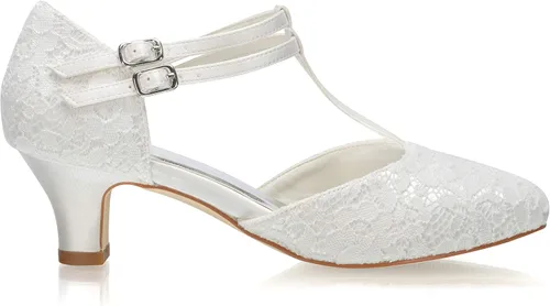 Vista 4 de JIAJIA 00968 - Zapatos de novia para mujer, puntera cerrada, correa en T, bloque de 1.9 pulgadas, tacón bajo, zapatos de satén de encaje para boda