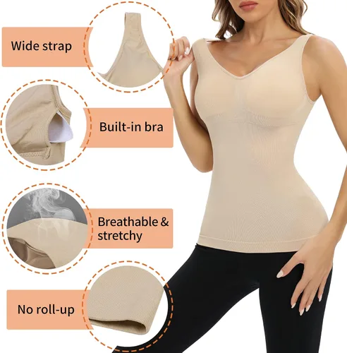 Vista 4 de Camisolas con brasier integrado acolchado de compresión moldeadora para mujer, color blanco, con control de abdomen