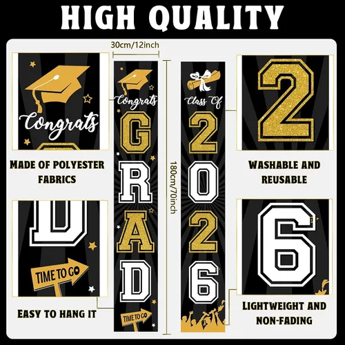 Vista 3 de Cartel de graduación 2026, decoraciones de graduación negro y dorado, letrero de porche de clase de 2026, decoración de puerta de felicitaciones