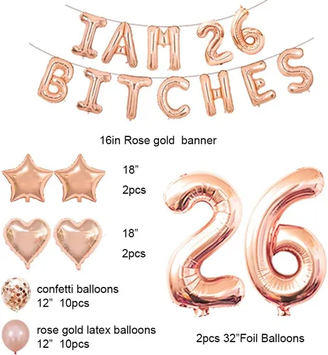 Vista 2 de Juego de fiesta de cumpleaños número 26, con texto en inglés "I am 26 Bitches" (Soy 26 Bitches), globos de confeti de oro rosa para niñas de 26 años