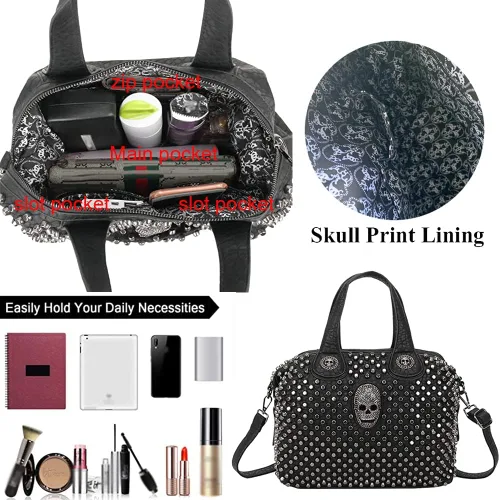 Vista 3 de Downupdown Bolso de mano para mujer, bolso de mano con remache, cráneo, bolso de piel sintética, bolso cruzado de hombro, bolso punk