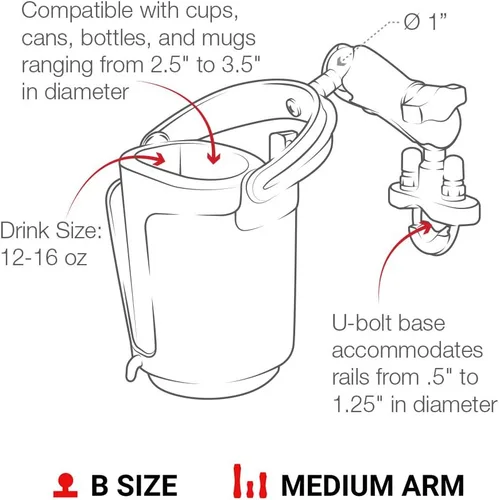 Vista 3 de Soporte para taza de bebida RAM Mount, con base de perno en U Portavasos autonivelante con bola de tamaño B de 1 pulgada para motocicletas, ATV