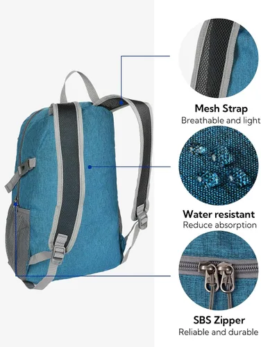 Vista 5 de WATERFLY Mochila pequeña ligera y plegable: mochila de 20 l ultra ligera, plegable, de senderismo, de viaje, de camping, de día, para hombre y mujer