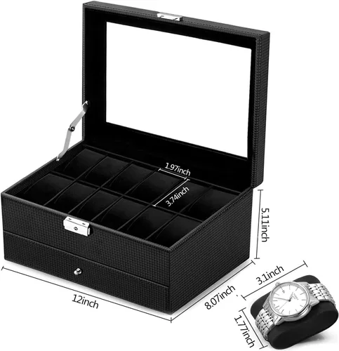 Vista 5 de Oyydecor Caja de reloj con 12 ranuras, organizador de relojes, organizador de joyas con cajón de joyería para almacenamiento y exhibición