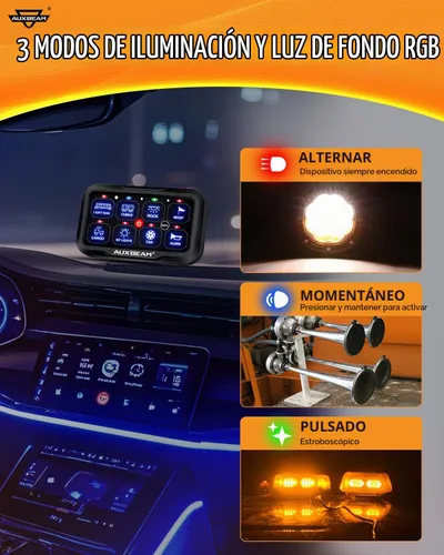 Vista 5 de Auxbeam Panel de Interruptores de 8 Posiciones AR-820 Bluetooth RGB Switch Pod Interruptor Multifunción Regulable Automático con Palanca Panel
