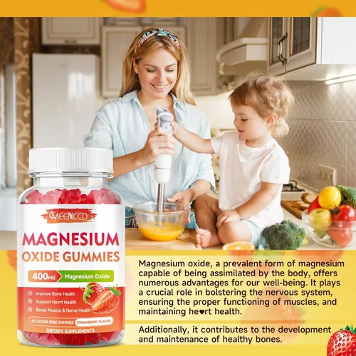 Vista 4 de Gomitas de óxido de magnesio de 400 mg, suplemento de óxido de magnesio masticable para adultos y niños, apoyo nervioso y muscular, sin OGM, sin