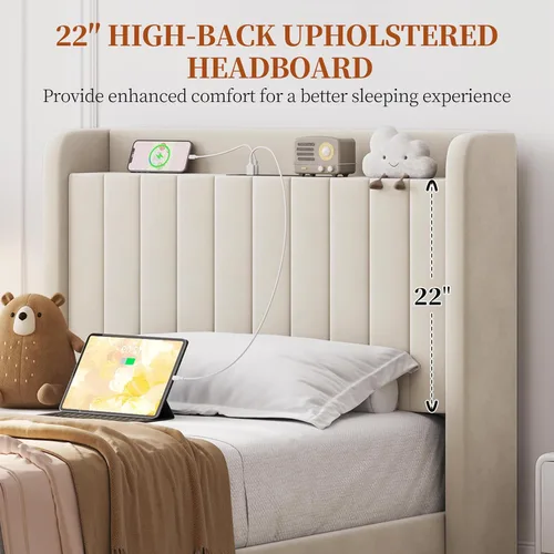Vista 8 de Yaheetech Base de cama de plataforma doble, cabecera lateral tapizada con estación de carga USB y estante de almacenamiento, soporte de listones