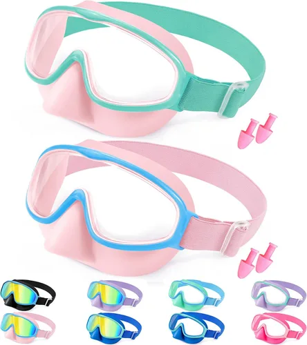 Vista 14 de Vvinca Kids Goggles with Nose Cover for 3-12,Comfort Fabric Strap Wide View 03-negro azul y rosa azul
