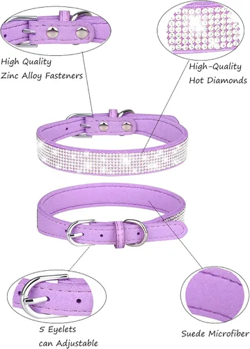 Vista 3 de Collar de perro para perros medianos, collares de perro ajustables de cuero gamuza con brillantes, collar de perro rojo rosa, collar de gato, collar