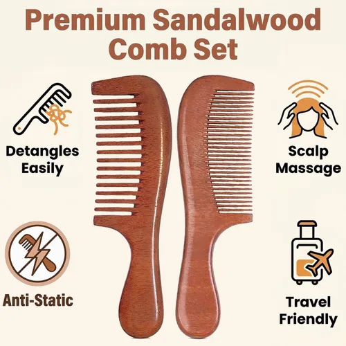 Vista 3 de Juego de 2 peines de madera de sándalo con dientes anchos y finos, peine de madera para mujeres y hombres, peine de madera antiestático para cabello