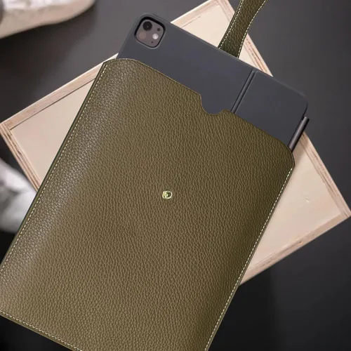 Vista 3 de Funda de cuero real para portátil de 14 pulgadas - MacBook-Pro M1 Gris