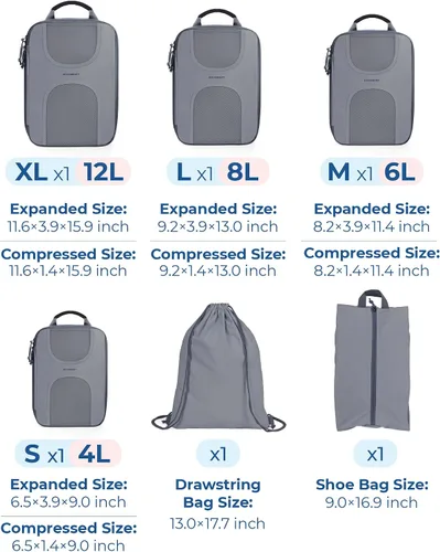 Vista 2 de BAGSMART Juego de 6 cubos de compresión para maletas, organizadores ligeros y cubos de viaje de compresión, artículos esenciales de viaje, color gris