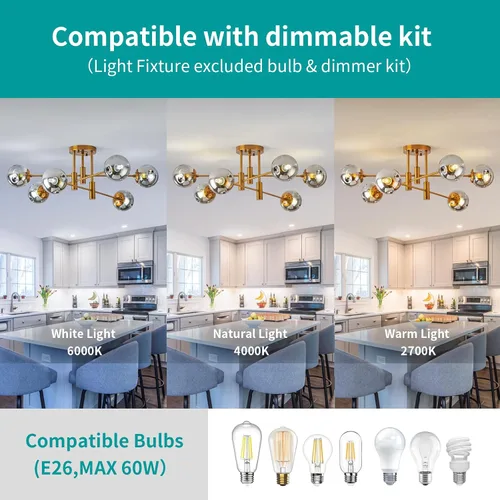 Vista 4 de DDLLDESHI Lámpara de araña de 6 luces dorada con cubierta esférica de vidrio Sputnik, lámpara de techo de 34" de gran tamaño para comedor, lámparas