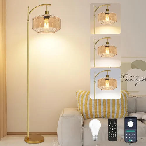 Vista 18 de Lámparas de pie doradas para sala de estar, dormitorio, lámpara de pie de cristal con control remoto y pantalla rosa, lámpara de pie regulable