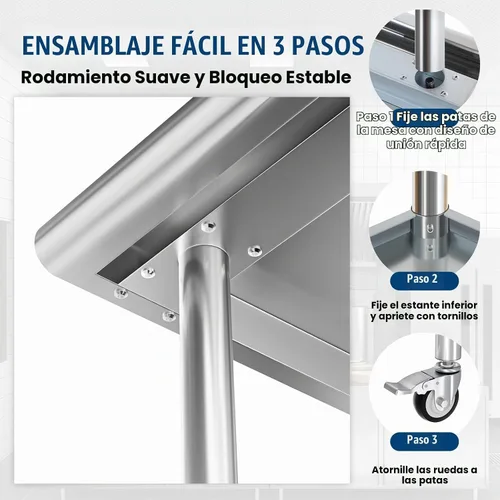 Vista 8 de Mesa de trabajo de acero inoxidable con ruedas, 24x24 pulgadas, mesa de preparación de alimentos NSF con salpicadero y estante inferior ajustable