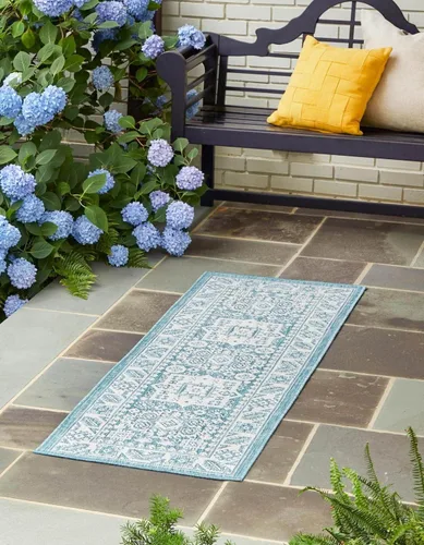 Vista 70 de Unique Loom Outdoor Aztec Collection Alfombra de área, Chalca (5 pies 3 pulgadas, octágono, aguamarina/marfil)