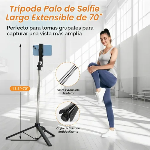 Vista 4 de Trípode de teléfono de 70 pulgadas y palo selfie con luz, soporte de trípode de metal con control remoto inalámbrico, trípode portátil para selfie