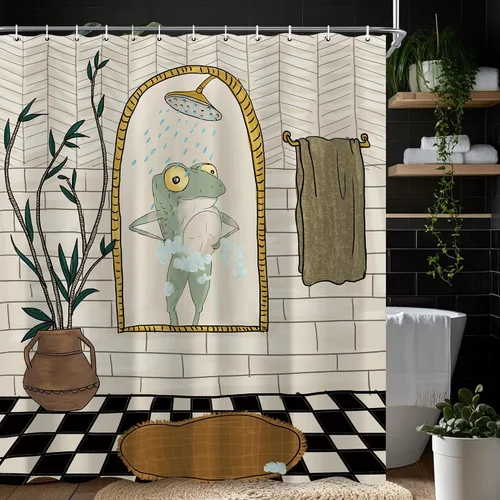 Vista 5 de Juego de cortina de ducha divertida con diseño de ranas para el baño 60x72 pulgadas, cortina de ducha retro linda con diseño de ranas, cortina