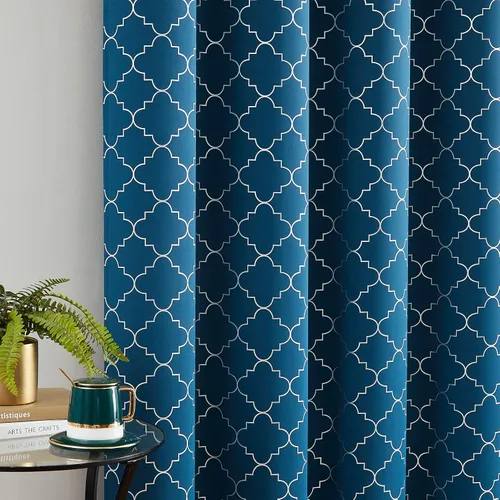Vista 11 de Enactex, cortinas 100% opacas de 63 pulgadas de largo, cortinas beige con aislamiento térmico con patrón geométrico plateado metálico, cortinas