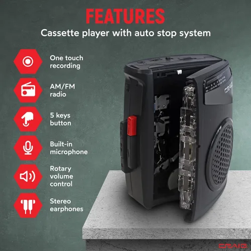 Vista 2 de Craig Reproductor de cassette estéreo/grabadora con auriculares: radio AM/FM portátil y sistema de grabación de un solo toque