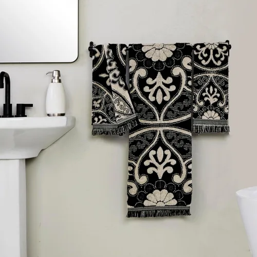 Vista 4 de SKL Home Amherst Medallion - Toalla de baño 100 % algodón, 600 GSM, suave y absorbente, reversible jacquard, negro