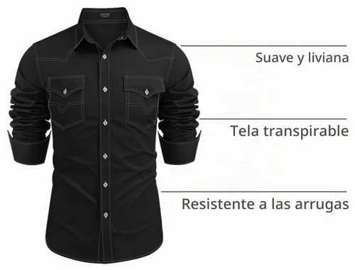 Vista 4 de COOFANDY Camisa vaquera de manga larga para hombre, de algodón, con botones, estilo casual, con bolsillos 01-Negro