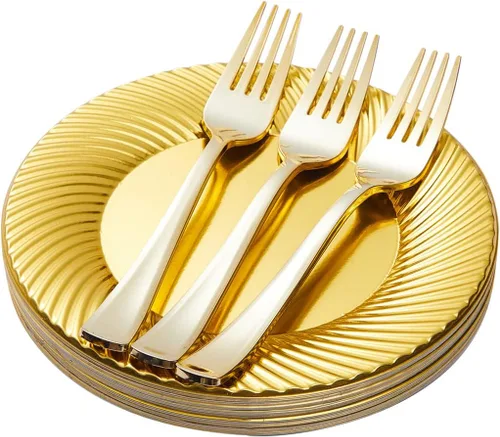 Vista 2 de N9R 60 platos de postre de plástico dorado con tenedores y 72 vasos de plástico dorados