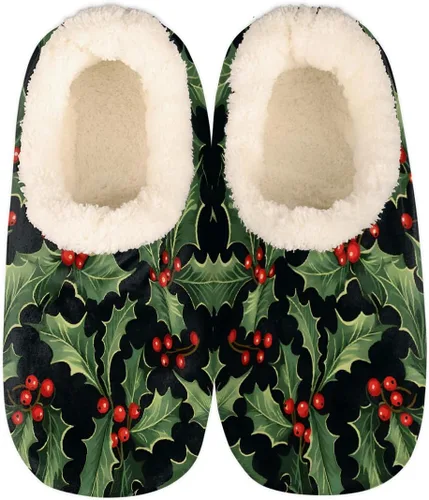 Vista 8 de Pantuflas mullidas antideslizantes para mujer con forro esponjoso, acogedoras pantuflas de dormitorio para mujer Abstract Red Snowflake Pine Trees