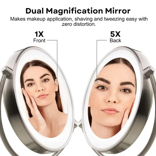 Vista 2 de OVENTE Espejo de maquillaje de mesa iluminado de 9 pulgadas con aumento 1X/5X, espejo de tocador de aumento de doble cara con luces LED regulables