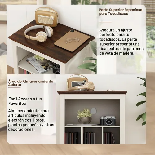 Vista 3 de Soporte de tocadiscos estilo granja, mesa auxiliar de 3 niveles, soporte para tocadiscos con almacenamiento para discos de vinilo, gabinete
