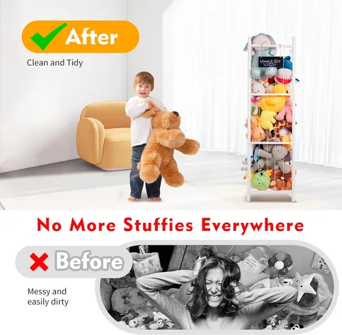 Vista 3 de Organizador grande de almacenamiento de animales de peluche, zoológico de almacenamiento de animales de peluche de madera, soporte para juguetes