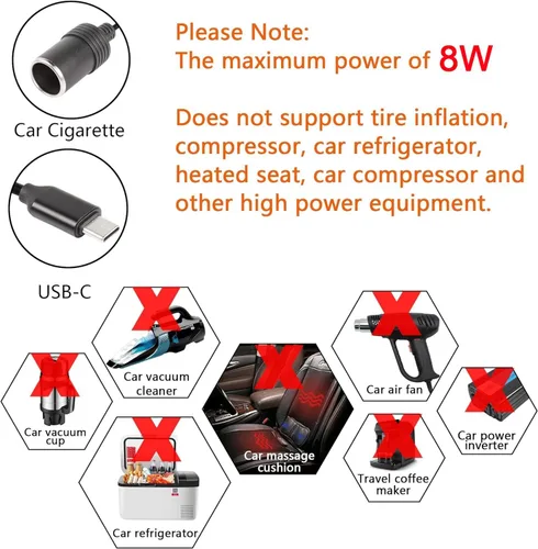 Vista 5 de CERRXIAN Cable de alimentación USB C macho a 12V 8W para encendedor de cigarrillos, cable de alimentación para Dash Cam, GPS, tiras de luz LED