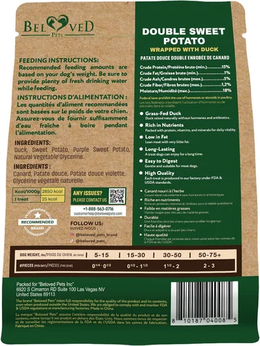 Vista 2 de Beloved Pets - Caprichos de batata dulce para perros y golosinas masticables de pato saludables 10.6 Oz - Snacks para cachorros y huesos blandos