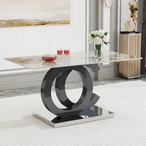 Vista 3 de Mesa de comedor rectangular minimalista grande y moderna adecuada para 6 y 8 personas, equipada con un escritorio con patrón de 0.4 pulgadas
