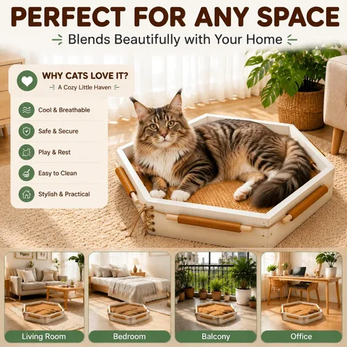 Vista 3 de General Cat Bed, Handwoven Cat Basket with Removable Swing Mat & Play Rope