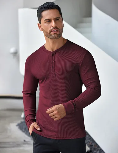 Vista 56 de COOFANDY Camisas Henley de manga larga para hombre, camisetas elásticas acanaladas, camisetas básicas casuales de moda
