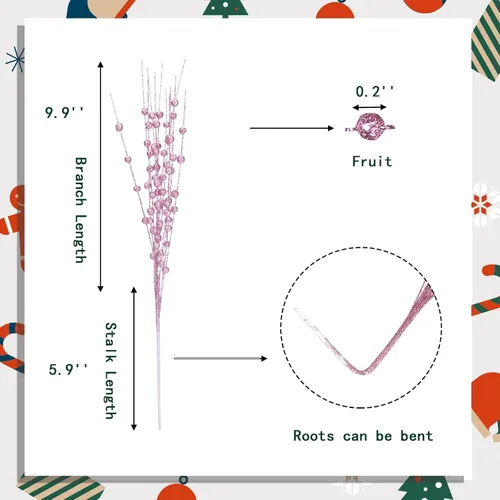Vista 2 de 12 piezas de bayas artificiales con purpurina rosa, púas artificiales de Navidad con tallos de bayas para decoraciones de Navidad, palos falsos