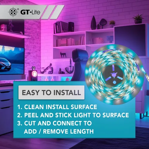 Vista 7 de GT-Lite Tira de luces LED de 800 lúmenes, cinta blanca y de color de 16 pies, cortada y conectada