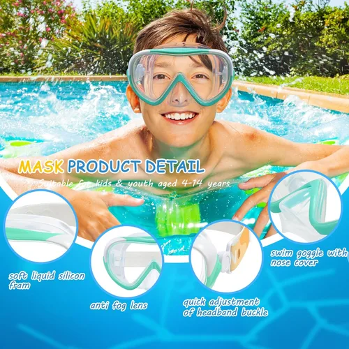 Vista 4 de Máscara de natación para niños, gafas de natación para niños de 180° antivaho, a prueba de fugas, con cubierta de nariz y correa de tela para edades