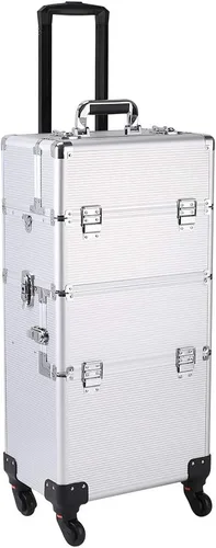 Vista 9 de Karl home Estuche de tren de maquillaje 3 en 1, carrito de cosméticos rodante, organizador de viaje de gran capacidad con llave ruedas giratorias