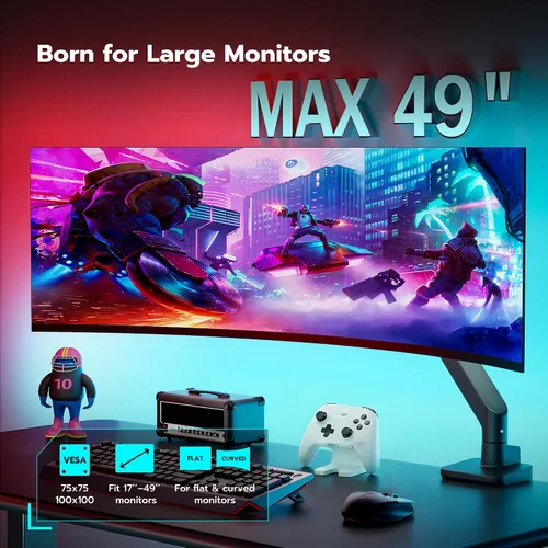 Vista 3 de ARES WING Brazo de monitor ultraancho para pantalla curvada de servicio pesado de 17 a 49 pulgadas, soporta 44 libras, brazo de monitor ajustable