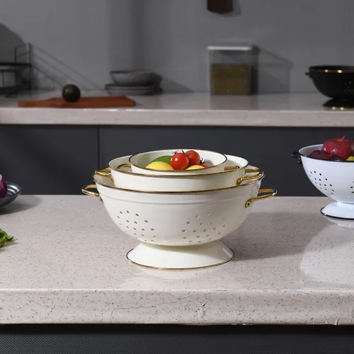 Vista 6 de Juego de 3 coladores de metal, cesta coladora con asas, perfecto para espaguetis, pasta, bayas, verduras, frutas, base sólida con recubrimiento