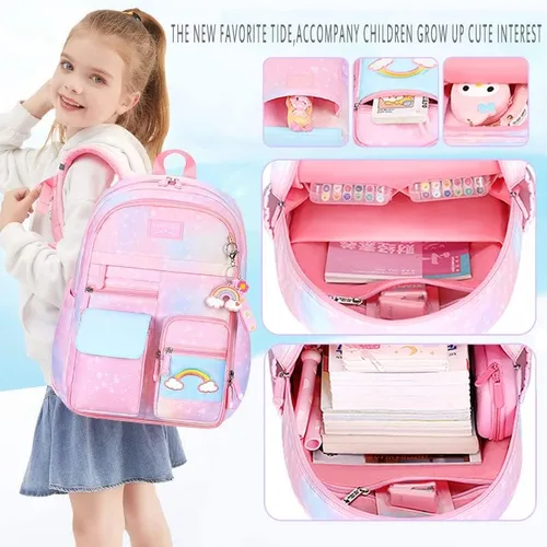 Vista 6 de Mochila kawaii, mochila rosa para niñas, mochila con diseño de arco iris estrellado para niños, bonita mochila para niños, mochila estética, azul