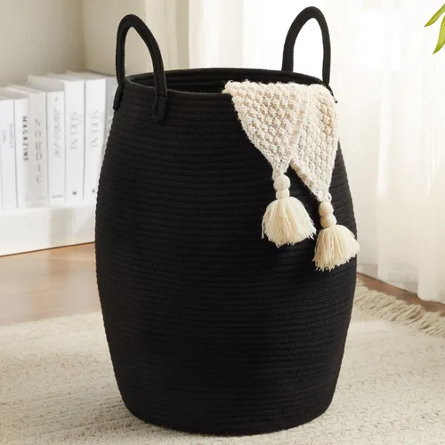 Vista 11 de Canasta de lavandería de cuerda de algodón Fiona's magic, cesta de lavandería tejida grande de 65L, cesto alto para ropa sucia para guardar mantas