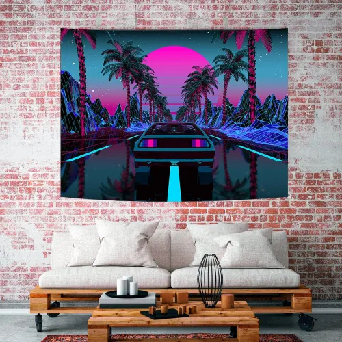 Vista 2 de Ine Ive Tapiz de coche de los años 80, escena urbana de la calle, palmeras, puesta de sol, cielo estrellado, tapiz de pared punk, 40 x 30 pulgadas